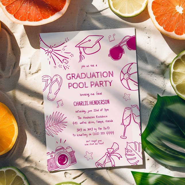 Convites Whimsical Doodle Graduation Pool Party  (Criador carregado)