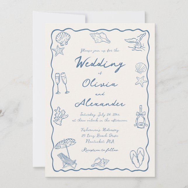 Convites Whimsical Doodle Hand Drawn Coastal Beach Wedding (Frente)