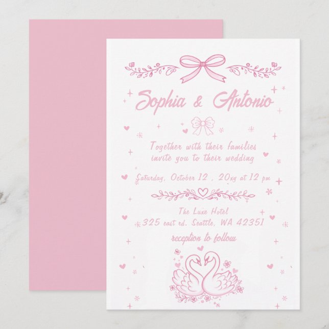 Convites Whimsical Doodle Hand Drawn Pink Swans Wedding (Frente/Verso)