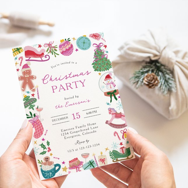 Convites Whimsical Doodles Christmas Party (Holiday Colorful Whimsical Doodles Christmas Party Invitation by Painted Paperie
)