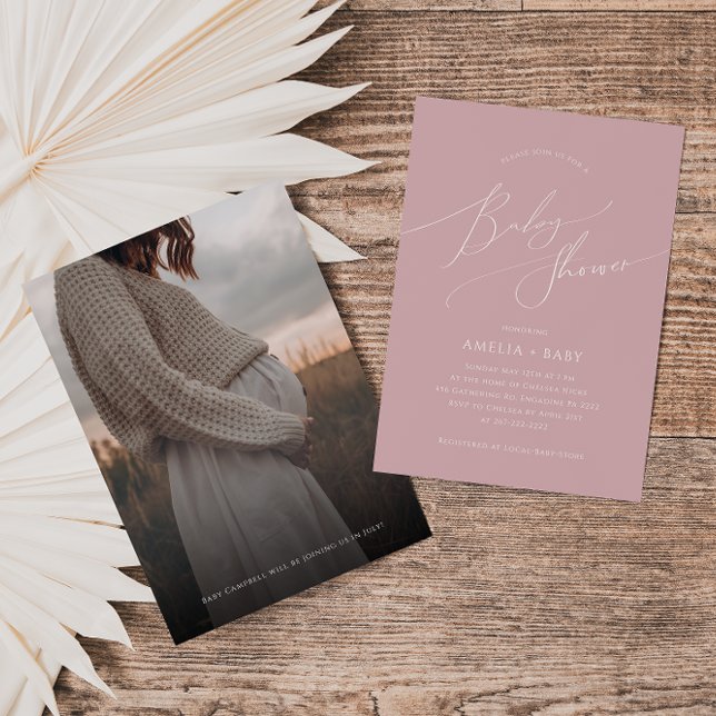 Convites Whimsical Dusty Rosa | Chá de fraldas de fotos (Criador carregado)