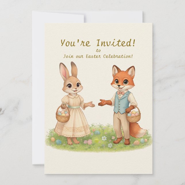 Convites Whimsical Easter Bunny & Fox Party Invitation (Frente)