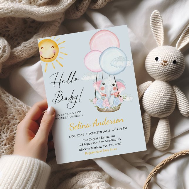Convites Whimsical Elephant Balloon Baby Shower Invitation  (Criador carregado)