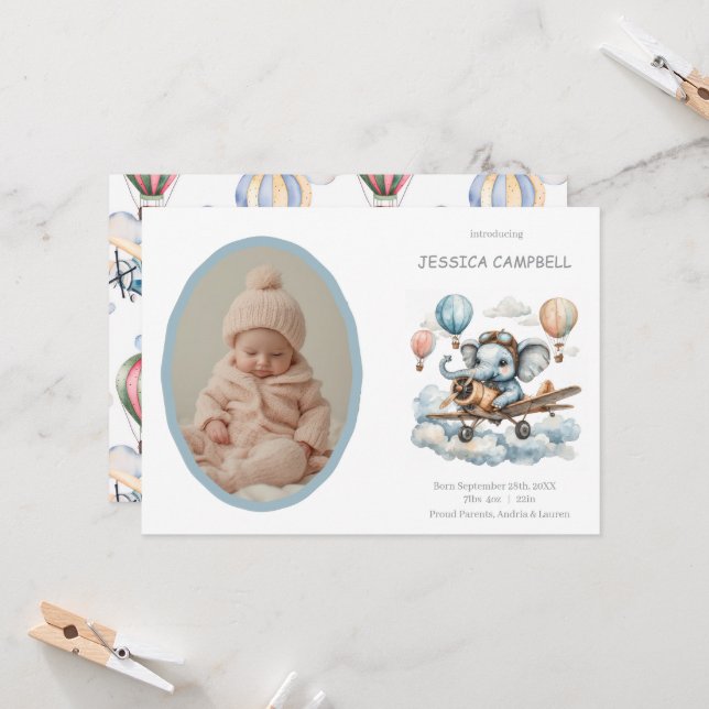 Convites Whimsical Elephant Flying Baby Birth  Announcement (Frente/Verso In Situ)