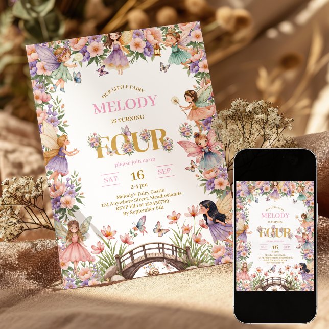 Convites Whimsical Fairy flower 4th birthday Invitation (Criador carregado)