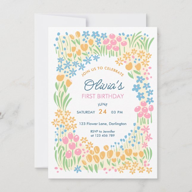 Convites Whimsical Floral First Birthday Party (Frente)