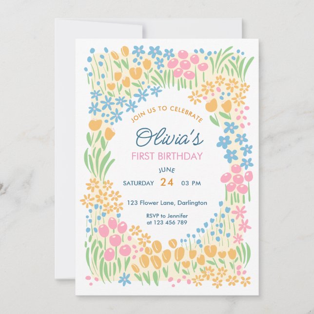 Convites Whimsical Floral First Birthday Party (Frente)