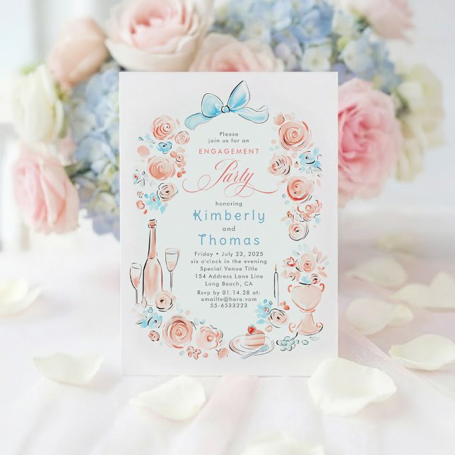 Convites Whimsical Floral Hand Drawn Bow Engagement Party (Dusty Blue and Pink Whimsical Floral Engagement Party Invitations)