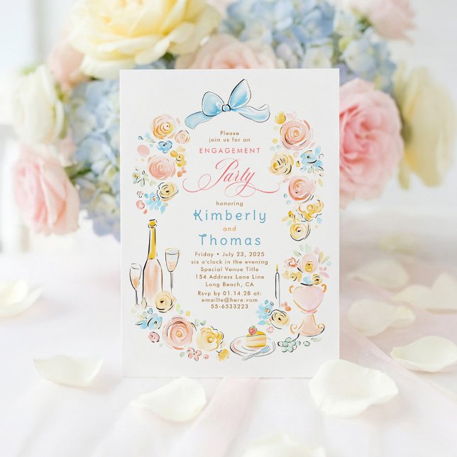 Convites Whimsical Floral Hand Drawn Bow Engagement Party (Pastel Floral Whimsical Engagement Party Invitations)