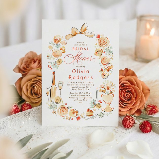 Convites Whimsical Floral Hand Drawn Bow Fall Bridal Shower (Terracotta Hand-illustrated Whimsical Chic Bridal Shower Invitation)