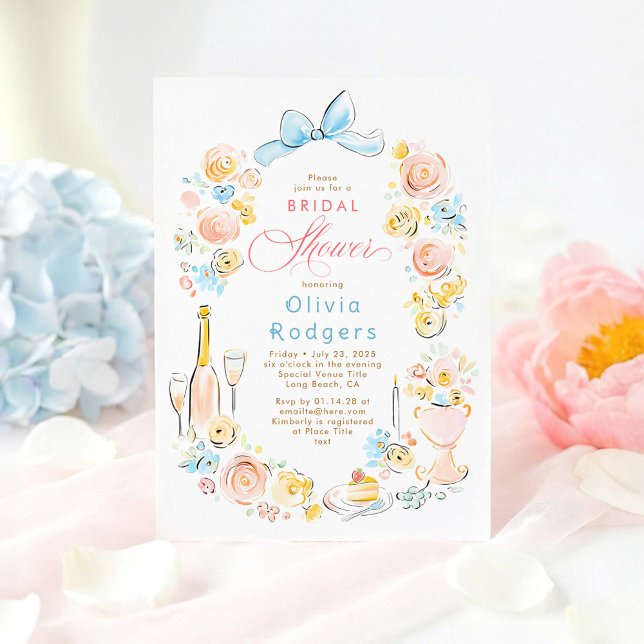 Convites Whimsical Floral Hand Drawn Chic Bow Bridal Shower (Whimsical Pastel Floral Coquette Bow Bridal Shower Invitation)