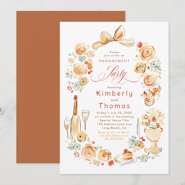 Convites Whimsical Floral Hand Drawn Fall Engagement Party (Frente/Verso)