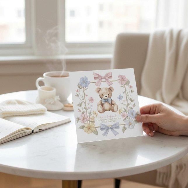 Convites Whimsical Floral Teddy Bear Baby Shower QR code  (Criador carregado)