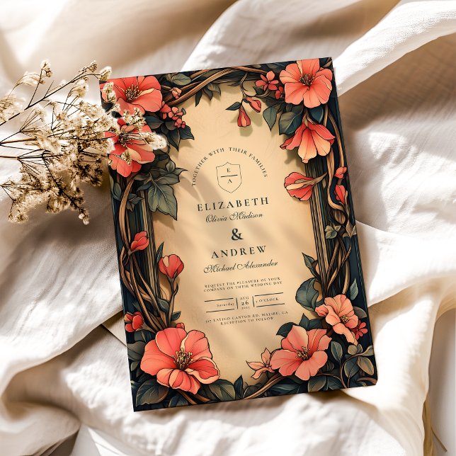 Convites Whimsical Floral Wedding Art Nouveau (Criador carregado)