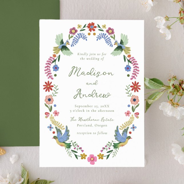 Convites Whimsical Folk Art Floral Wedding (Criador carregado)