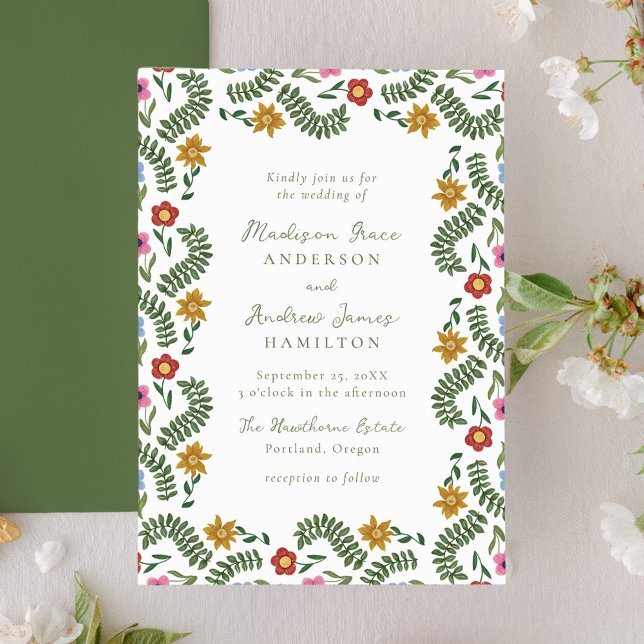 Convites Whimsical Folk Art Floral Wedding (Criador carregado)