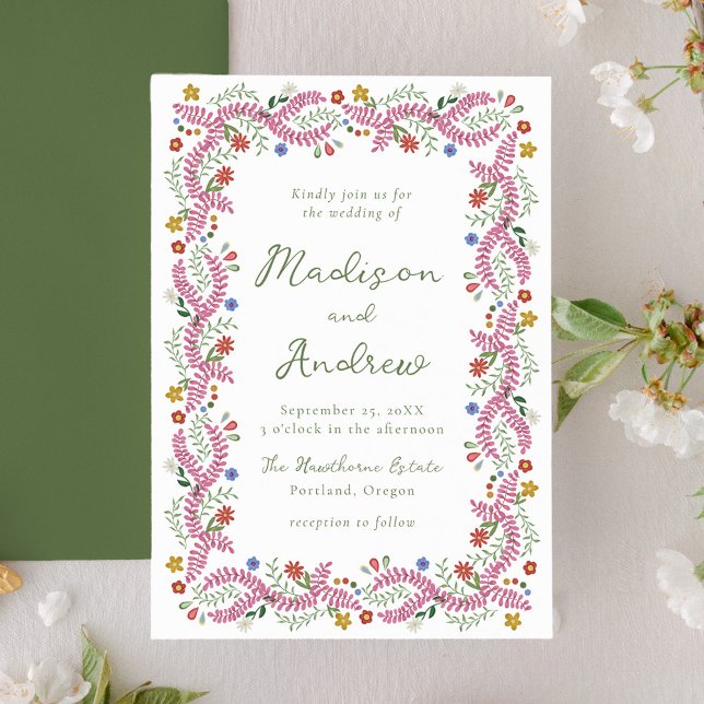 Convites Whimsical Folk Art Floral Wedding (Criador carregado)