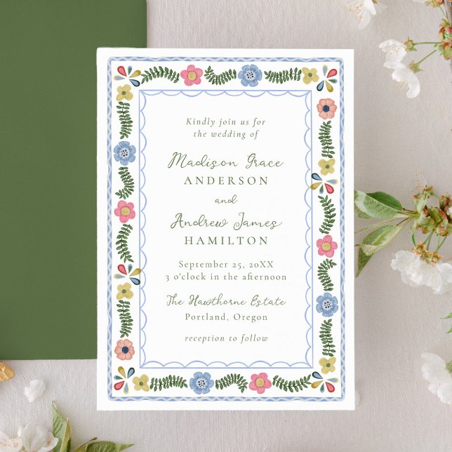 Convites Whimsical Folk Art Floral Wedding Invitation (Criador carregado)