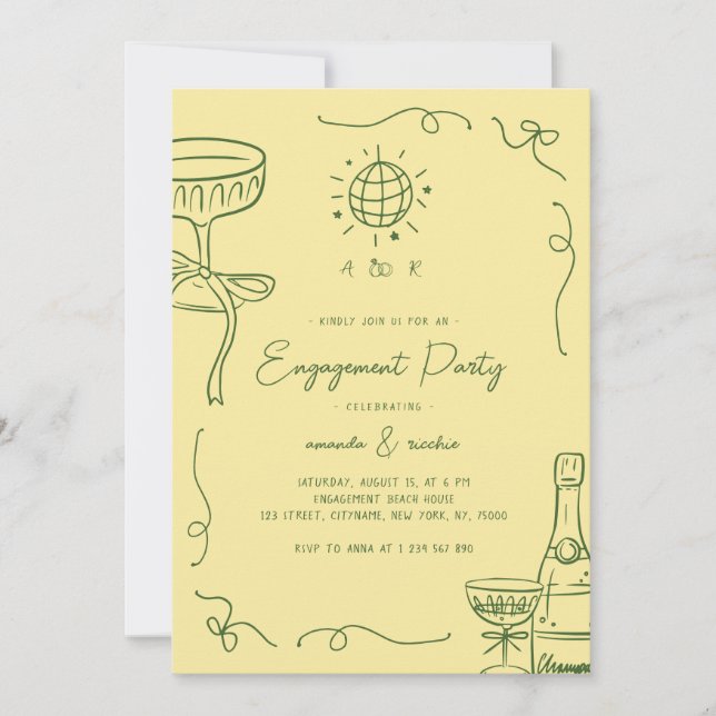 Convites Whimsical French Fun Hand Drawn Engagement Party (Frente)