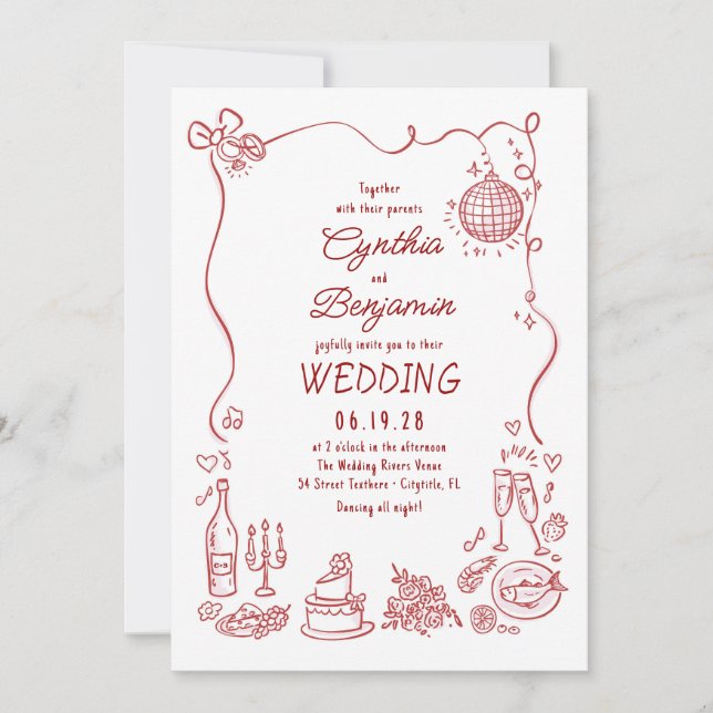 Convites Whimsical Funky Hand Drawn Burgundy Retro Wedding (Frente)