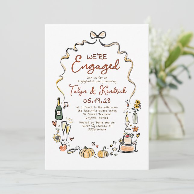 Convites Whimsical Funky Hand Drawn Fall Engagement Party (Em pé/Frente)