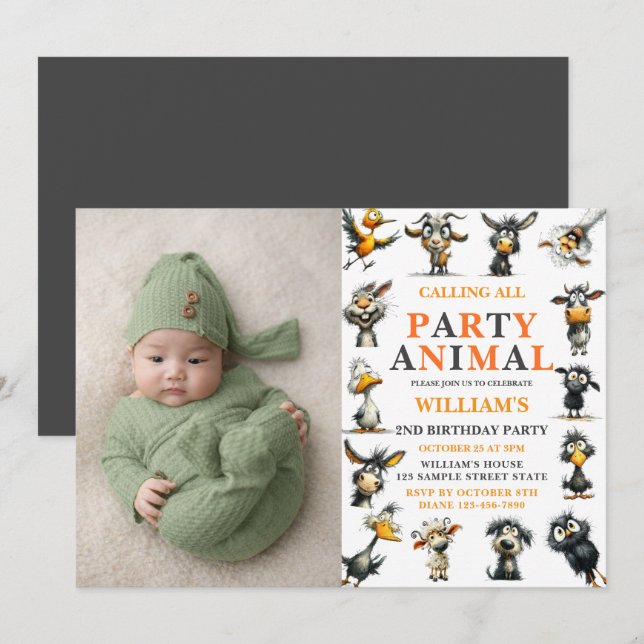 Convites Whimsical Funny Animals 2nd Birthday Party (Frente/Verso)