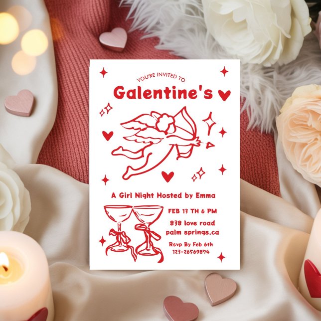 Convites Whimsical Galentines Hand Drawn  red girls Party  (Criador carregado)