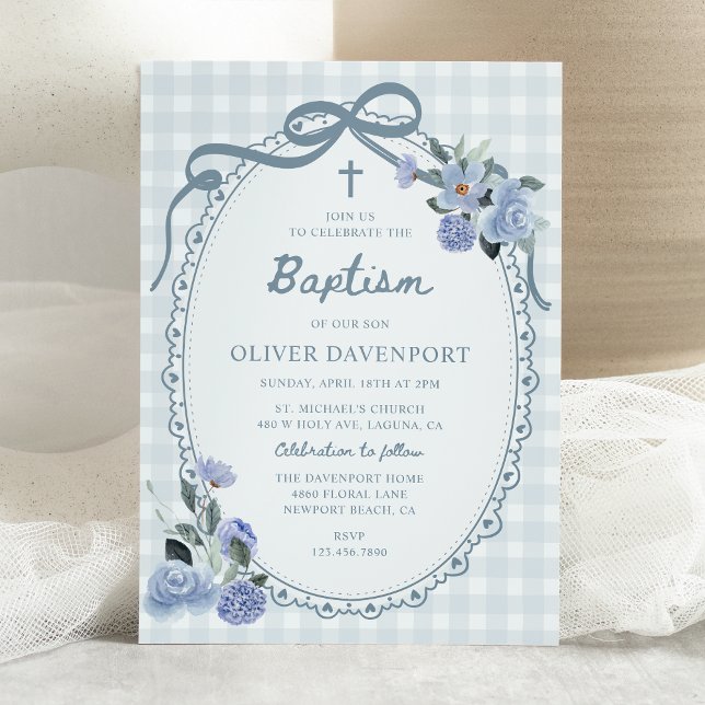 Convites Whimsical Gingham Dusty Blue Floral Boy Baptism (Criador carregado)
