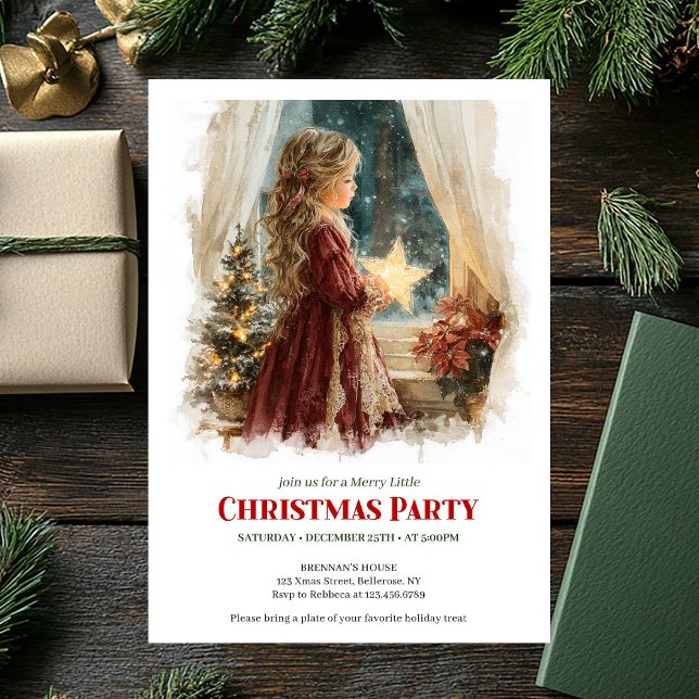 Convites Whimsical girl awaits Santa editable holiday   (Whimsical girl awaits Santa editable holiday invite)