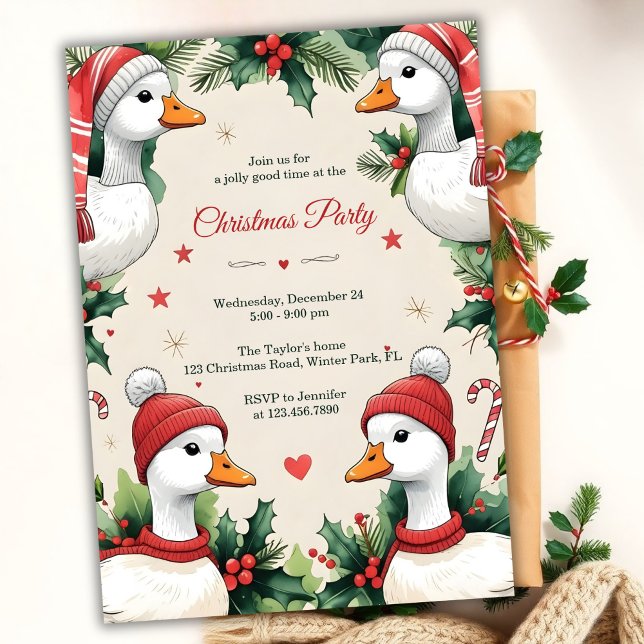 Convites Whimsical Goose Cozy Winter Christmas Party (Whimsical Goose Christmas Party Invitation. Cozy Winter Hats, Holly & Candy Canes)