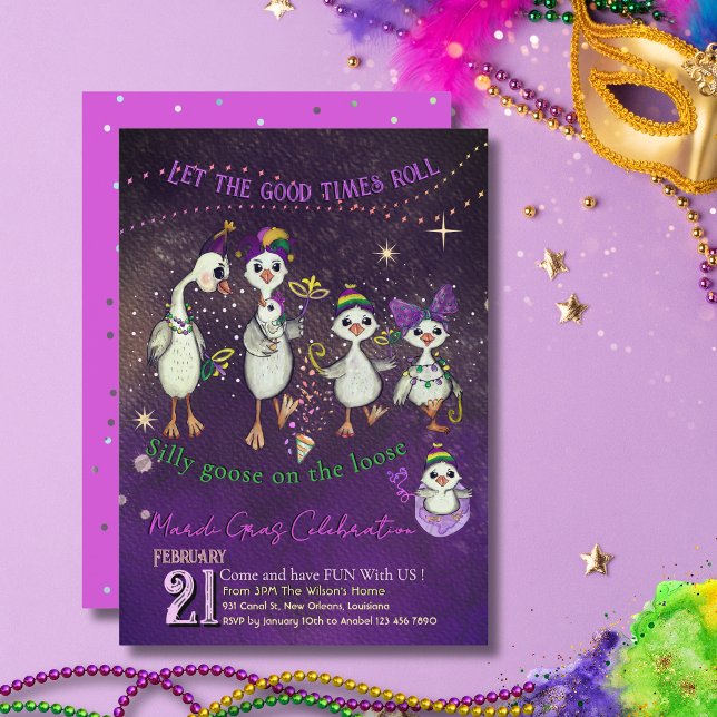 Convites Whimsical Goose Family Mardi Gras Purple Pink (Whimsical Goose Family Mardi Gras Purple Pink Invitation)