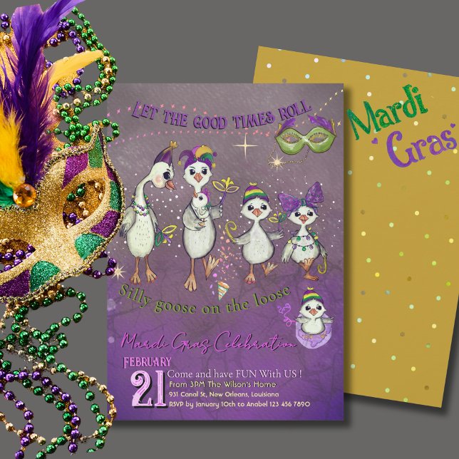Convites Whimsical Goose Family Mardi Gras Purple Yellow (Whimsical Goose Family Mardi Gras Purple Yellow Invitation)