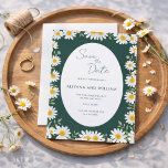 Convites Whimsical Green Floral Border Save The Date<br><div class="desc">Celebrate your love story with this charming Daisy Floral Save the Date Card, featuring a rich green background framed by cheerful white and yellow daisy blooms. The fresh botanical design creates a bright and joyful aesthetic, perfect for spring weddings, summer garden ceremonies, and nature-inspired celebrations. The elegant oval layout highlights...</div>