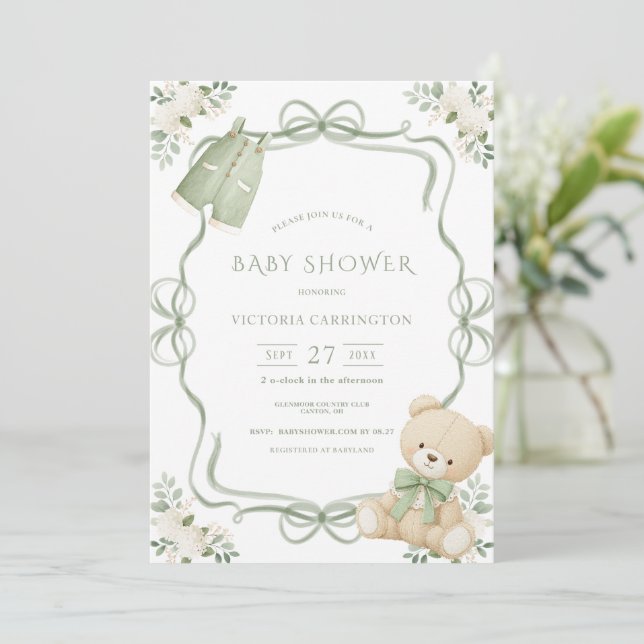 Convites Whimsical Green Frame Vintage Bear  (Em pé/Frente)