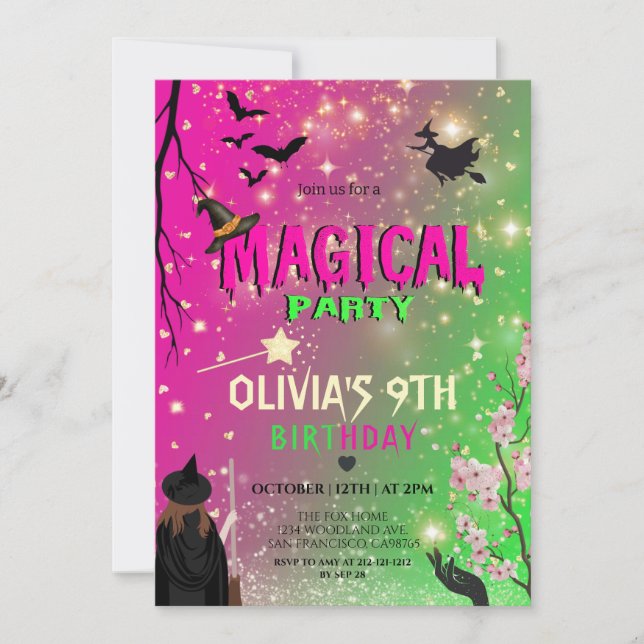 Convites Whimsical Green & Pink Witch girl birthday (Frente)