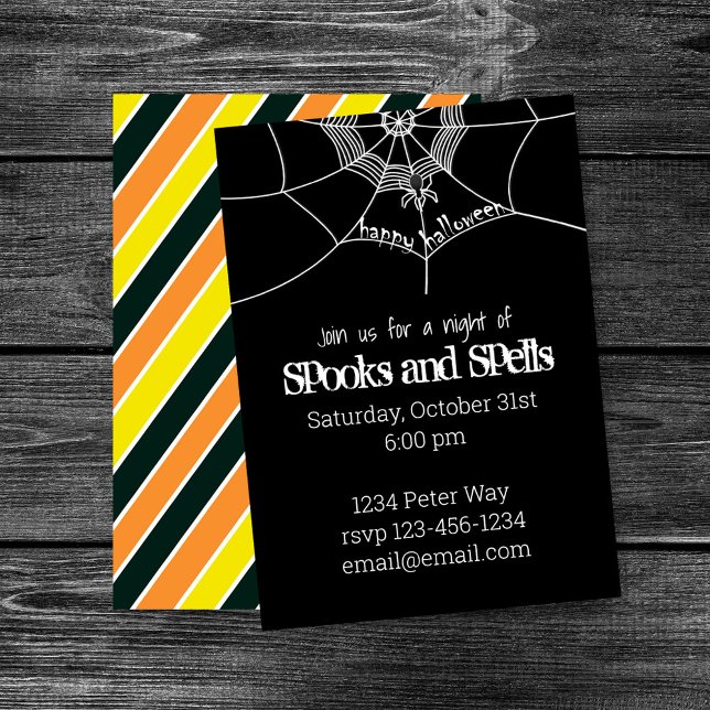 Convites Whimsical Halloween Spooky Scary Spider Web (Spooks and Spells Halloween party design with spider web and spooky black background.)