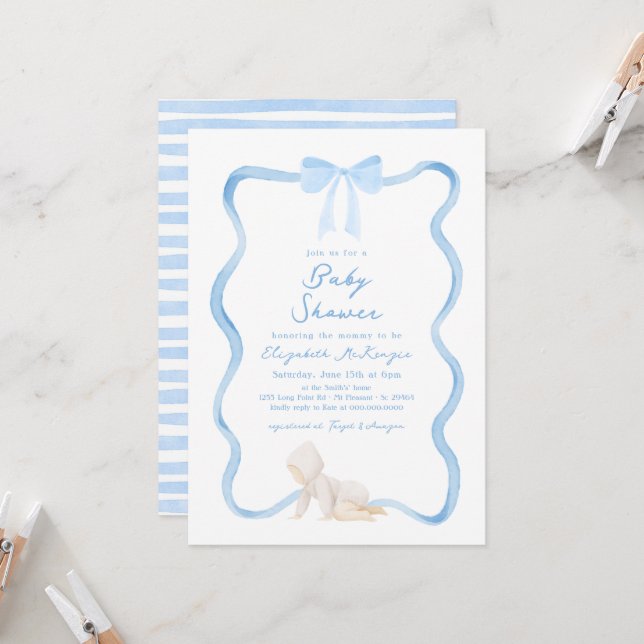 Convites Whimsical Hand Drawn Blue Bow Boy Baby Shower (Frente/Verso In Situ)