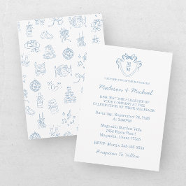 Convites Whimsical Hand Drawn Blue Illustrated Wedding