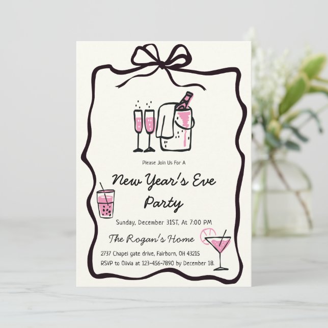 Convites Whimsical Hand Drawn Bow Frame New Year Eve Party (Em pé/Frente)