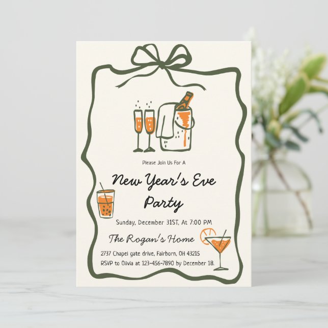 Convites Whimsical Hand Drawn Bow Frame New Year Eve Party (Em pé/Frente)
