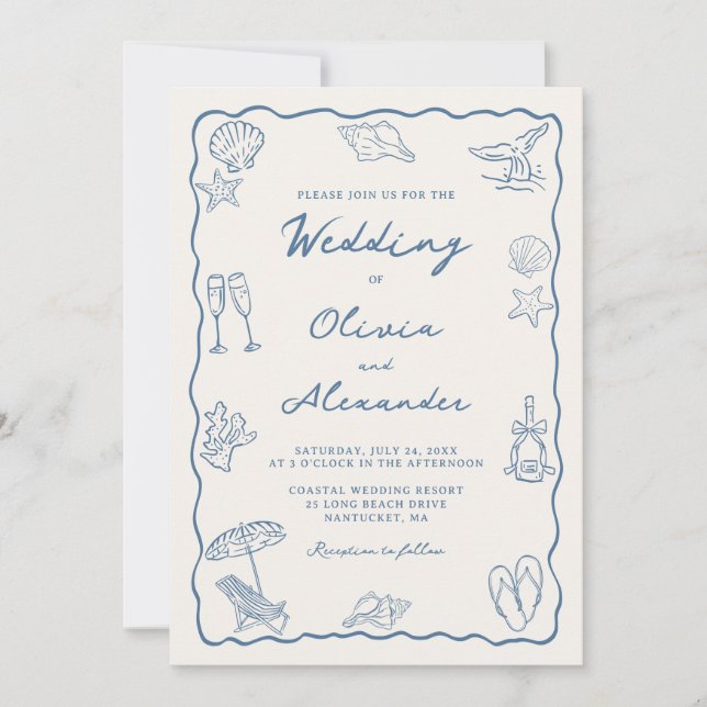 Convites Whimsical Hand Drawn Coastal Beach Wedding (Frente)