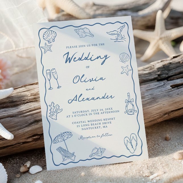 Convites Whimsical Hand Drawn Coastal Beach Wedding (Criador carregado)