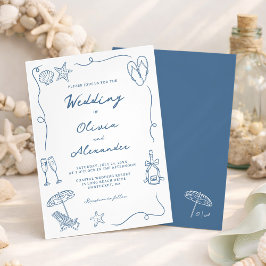 Convites Whimsical Hand Drawn Coastal Blue Beach Wedding