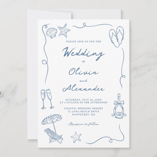 Convites Whimsical Hand Drawn Coastal Blue Beach Wedding (Frente)