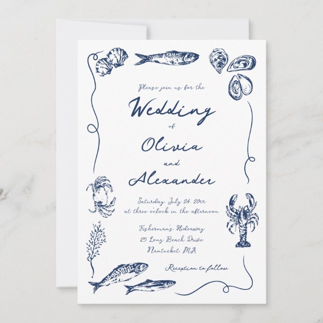 Convites Whimsical Hand Drawn Coastal Navy Blue Wedding (Frente)