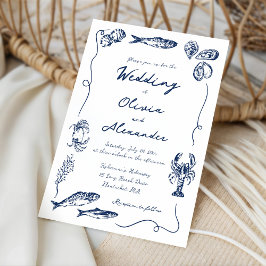 Convites Whimsical Hand Drawn Coastal Navy Blue Wedding