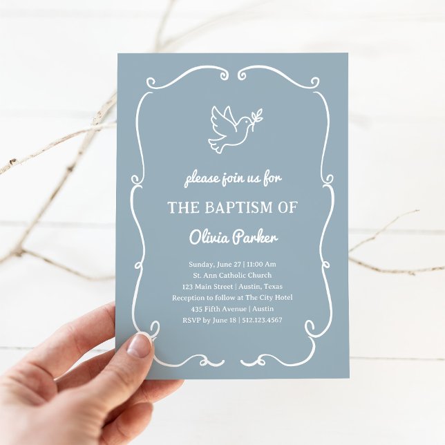 Convites Whimsical Hand-Drawn Dove Blue | Baptism (Criador carregado)