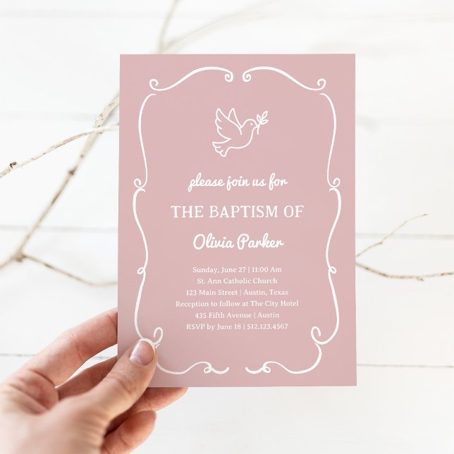 Convites Whimsical Hand-Drawn Dove Pink | Baptism (Criador carregado)