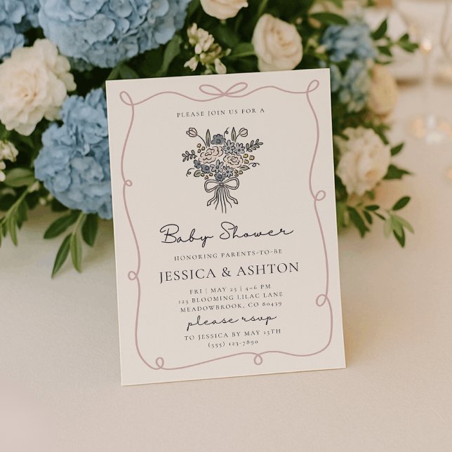 Convites Whimsical hand-drawn flowers and frame baby shower (Criador carregado)