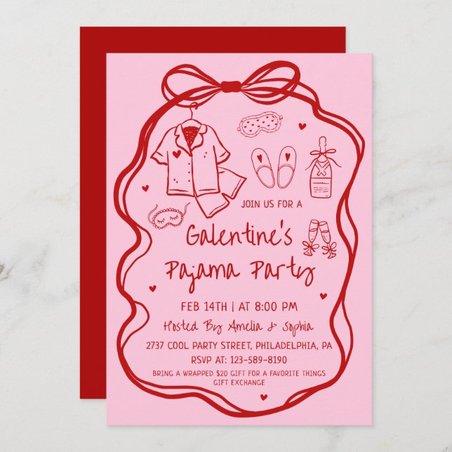 Convites Whimsical Hand Drawn Galentine's Pajama Party  (Frente/Verso)